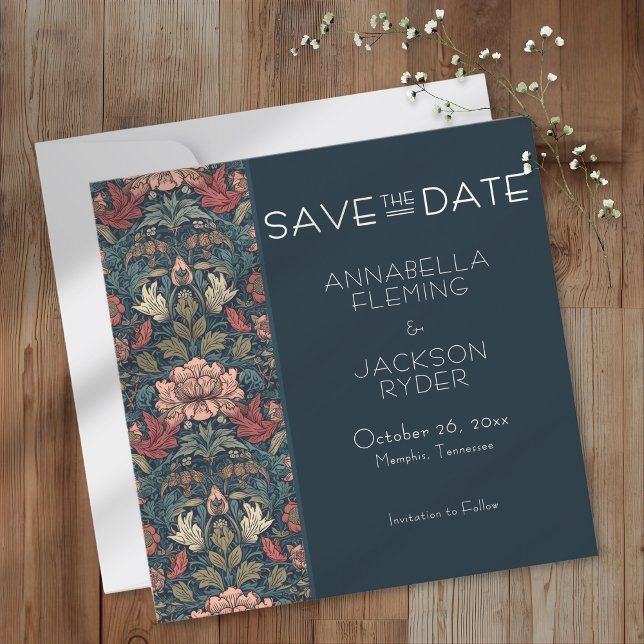 Art Nouveau Blue William Morris Floral Wedding Save The Date (Creator Uploaded)