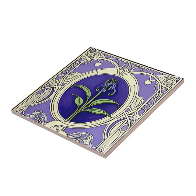 Art nouveau bluebell flower pattern ceramic tile (Side)