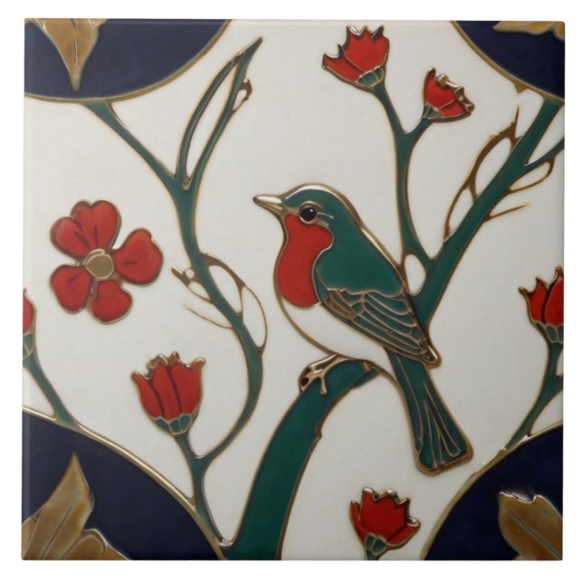 Art Nouveau Bluebird Red & Blue Bird Art Deco Ceramic Tile (Front)
