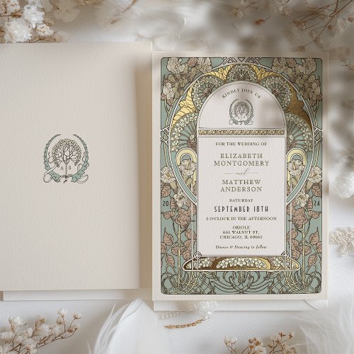 Art Nouveau Botanical Foil Wedding Gold Accents Foil Invitation