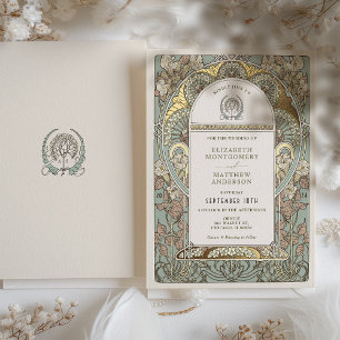 Art Nouveau Botanical Foil Wedding Gold Accents Invitation