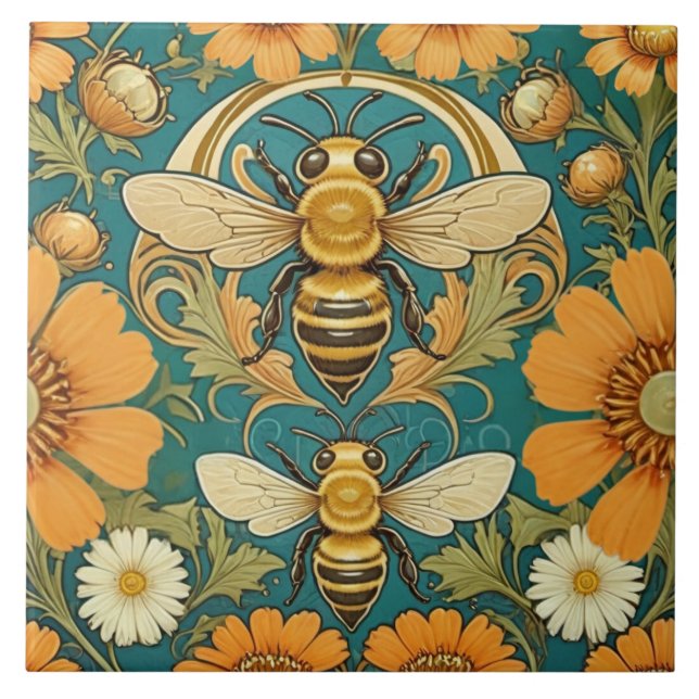 Art Nouveau Bumble Bee Decorative Ceramic Tile (Front)