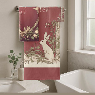 Art Nouveau Burgundy Easter Bunny Floral Vintage Bath Towel Set