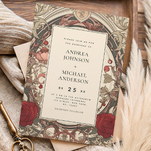 Art Nouveau Burgundy Floral Wedding Invitation