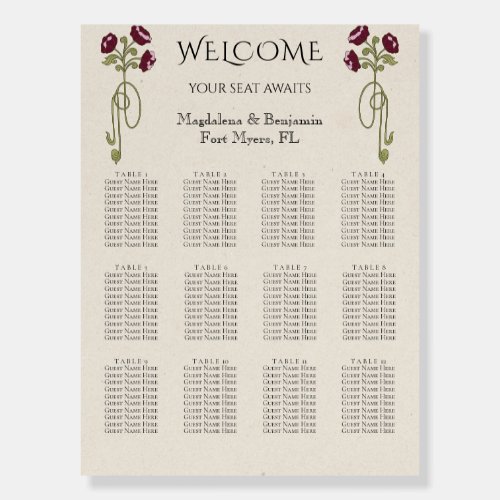 Art Nouveau Burgundy Pink Floral Seating Chart Foam Board