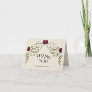 Art Nouveau Burgundy Pink Flower Wedding Photo Letterpress Thank You Card