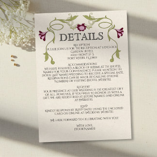 Art Nouveau Burgundy Pink Flowers Green Wedding Enclosure Card