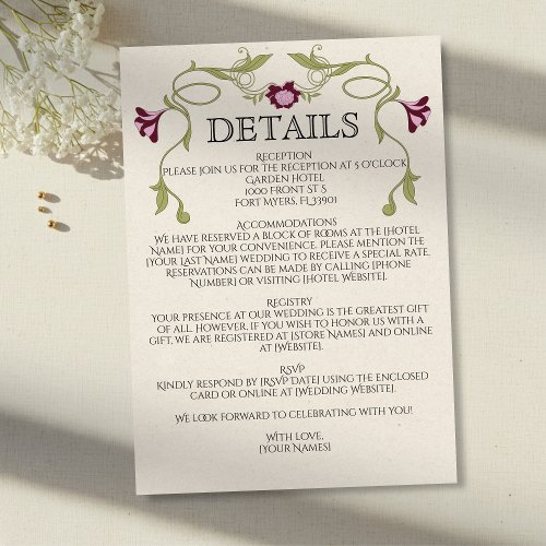 Art Nouveau Burgundy Pink Flowers Green Wedding