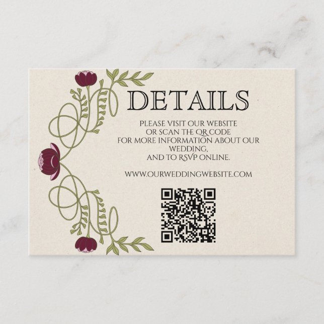 Art Nouveau Burgundy Pink Wedding Details Website  Enclosure Card (Front)
