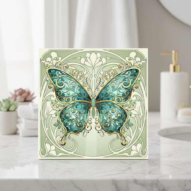 Art Nouveau Butterfly Pat#1 Teal ID1222 Ceramic Tile (Creator Uploaded)