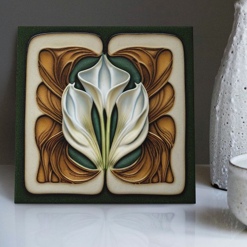Art Nouveau Calla Lily Symmetrical Floral Wall Art Ceramic Tile