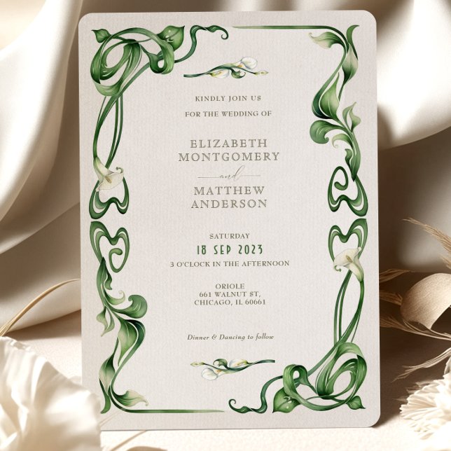 Art Nouveau Calla Lily Watercolor Wedding Invitation