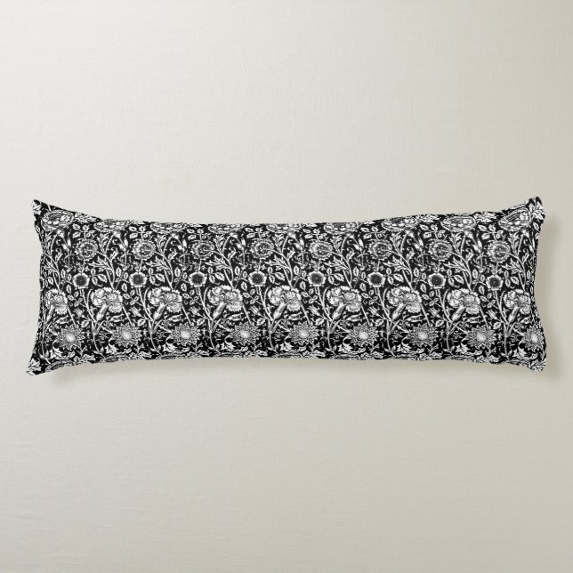 Art Nouveau Carnation Damask, Black and White Body Pillow (Front)