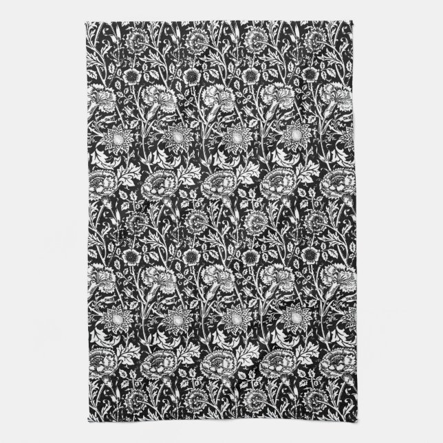 Art Nouveau Carnation Damask, Black and White Kitchen Towel (Vertical)