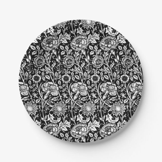 Art Nouveau Carnation Damask, Black and White Paper Plates (Front)