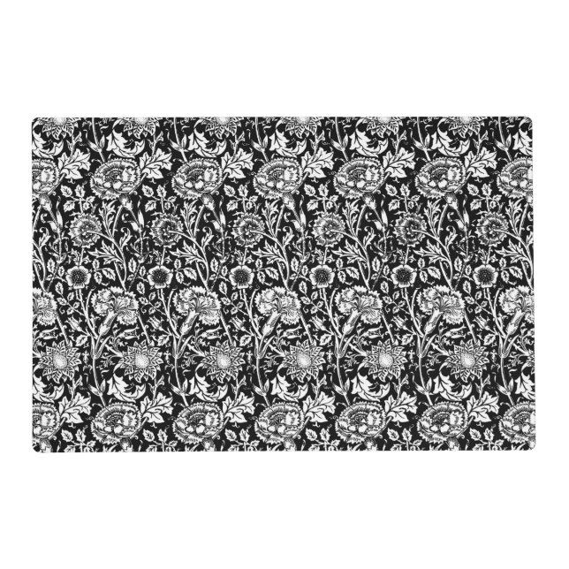 Art Nouveau Carnation Damask, Black and White Placemat (Front)