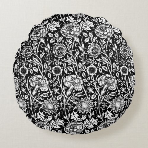Art Nouveau Carnation Damask Black and White Round Pillow
