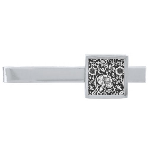 Art Nouveau Carnation Damask Black and White Silver Finish Tie Clip