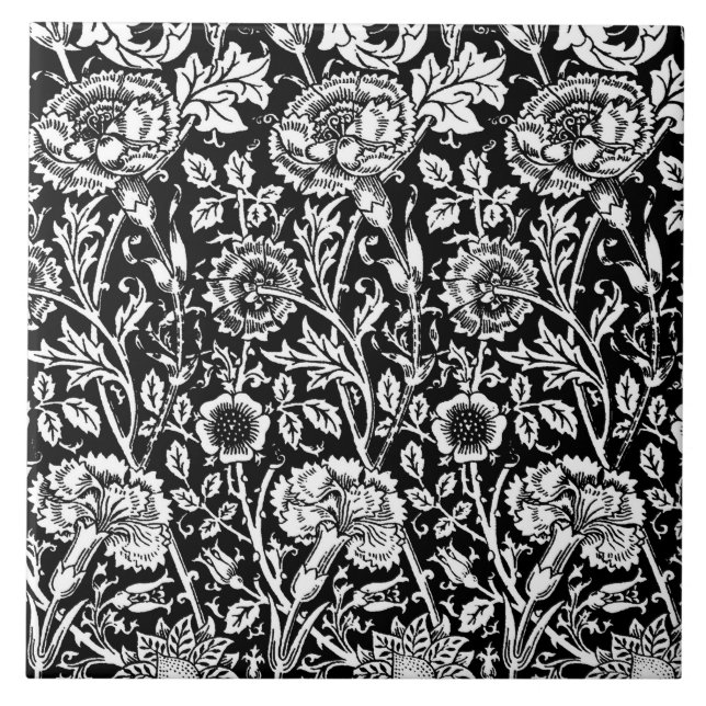 Art Nouveau Carnation Damask, Black and White Tile (Front)
