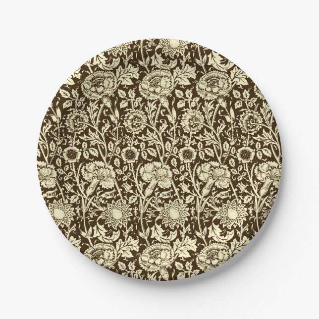 Art Nouveau Carnation Damask, Brown and Cream Paper Plates (Front)