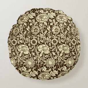 Art Nouveau Carnation Damask, Brown and Cream Round Pillow