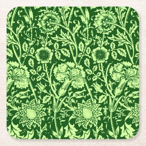 Art Nouveau Carnation Damask Forest Green Square Paper Coaster
