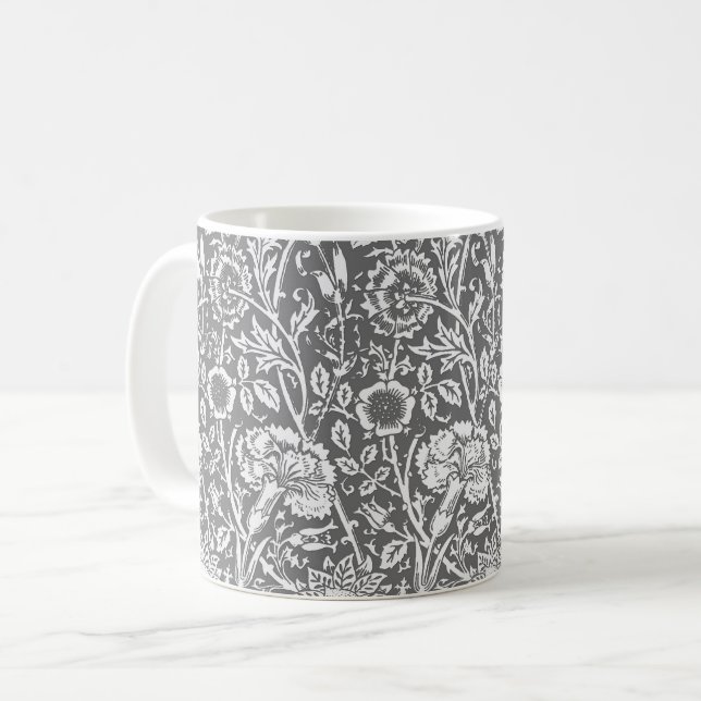 Art Nouveau Carnation Damask, Gray / Grey Coffee Mug (Front Left)