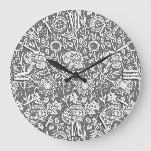 Art Nouveau Carnation Damask, Gray / Grey Large Clock (Front)