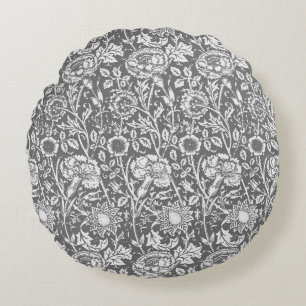 Art Nouveau Carnation Damask, Gray / Grey Round Pillow