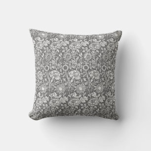 Art Nouveau Carnation Damask, Gray / Grey Throw Pillow