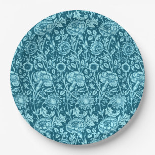 Art Nouveau Carnation Damask, Indigo and Sky Blue  Paper Plates