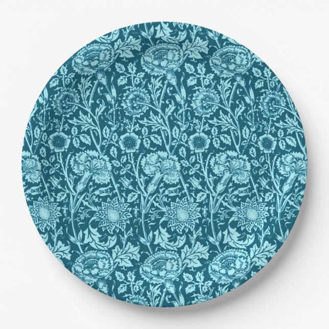 Art Nouveau Carnation Damask, Indigo and Sky Blue  Paper Plates (Front)