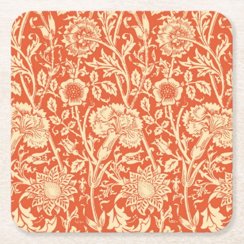 Art Nouveau Carnation Damask Mandarin Orange Square Paper Coaster