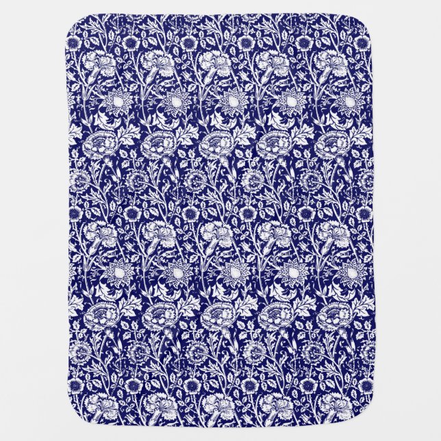 Art Nouveau Carnation Damask, Navy and White Baby Blanket (Front)