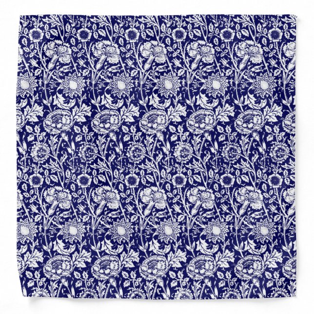 Art Nouveau Carnation Damask, Navy and White Bandana (Front)