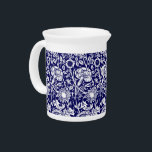 Art Nouveau Carnation Damask, Navy and White Beverage Pitcher<br><div class="desc">Art Nouveau pattern based on a vintage William Morris floral damask wallpaper pattern,  digitally enhanced and colored in white on a dark navy / indigo blue background</div>