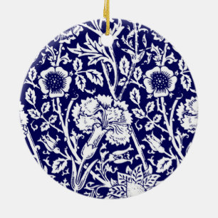 Art Nouveau Carnation Damask, Navy and White Ceramic Ornament