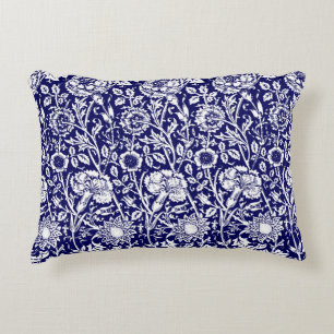 Art Nouveau Carnation Damask, Navy and White Decorative Pillow