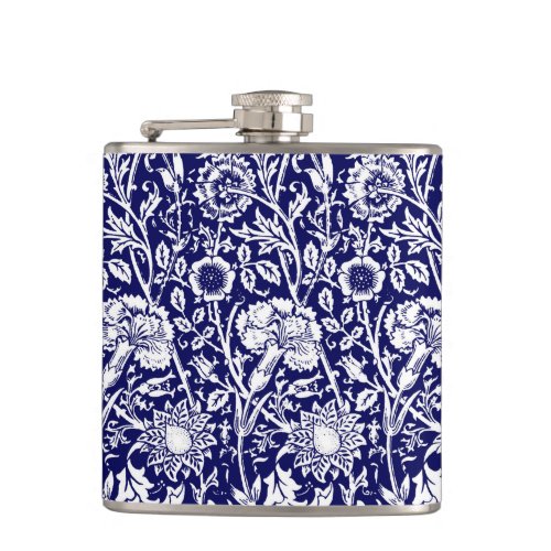 Art Nouveau Carnation Damask Navy and White Flask