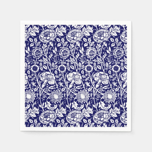 Art Nouveau Carnation Damask, Navy and White Napkins (Front)