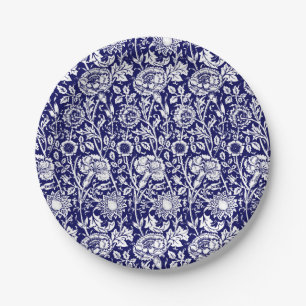 Art Nouveau Carnation Damask, Navy and White Paper Plates