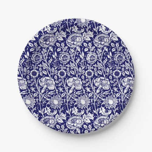 Art Nouveau Carnation Damask Navy and White Paper Plates