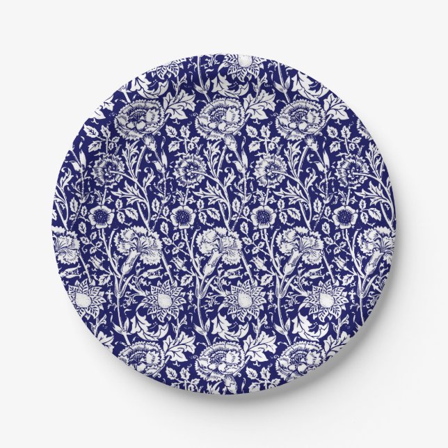 Art Nouveau Carnation Damask, Navy and White Paper Plates (Front)