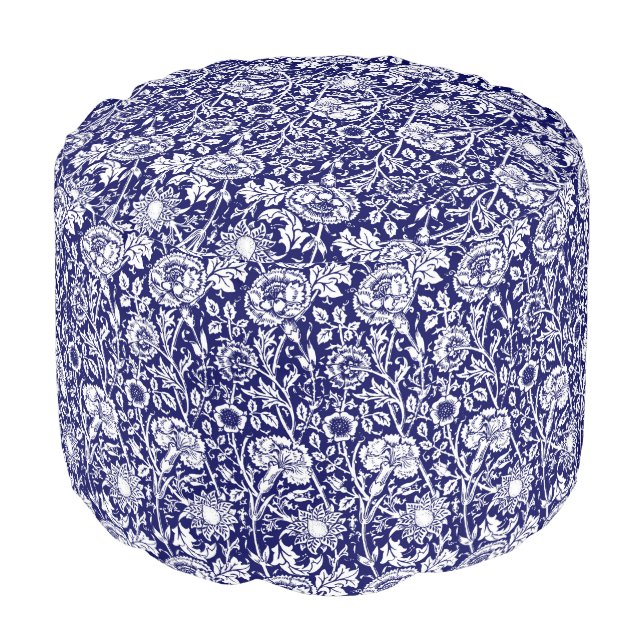 Art Nouveau Carnation Damask, Navy and White Pouf (Angled Front)