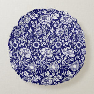 Art Nouveau Carnation Damask, Navy and White Round Pillow