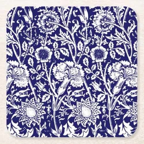 Art Nouveau Carnation Damask Navy and White Square Paper Coaster
