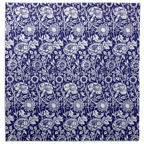 Art Nouveau Carnation Damask Navy Blue and White Cloth Napkin