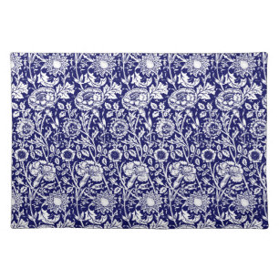 Art Nouveau Carnation Damask, Navy Blue and White Cloth Placemat