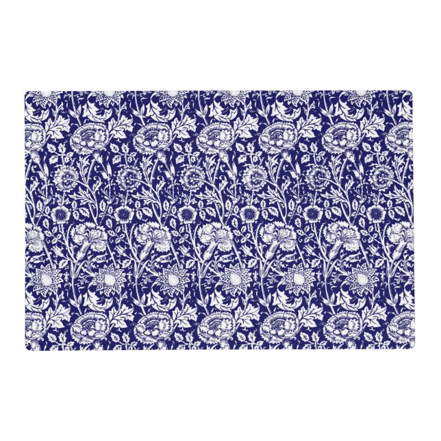 Art Nouveau Carnation Damask, Navy Blue and White Placemat (Front)
