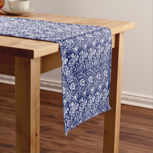 Art Nouveau Carnation Damask Navy Blue and White Short Table Runner